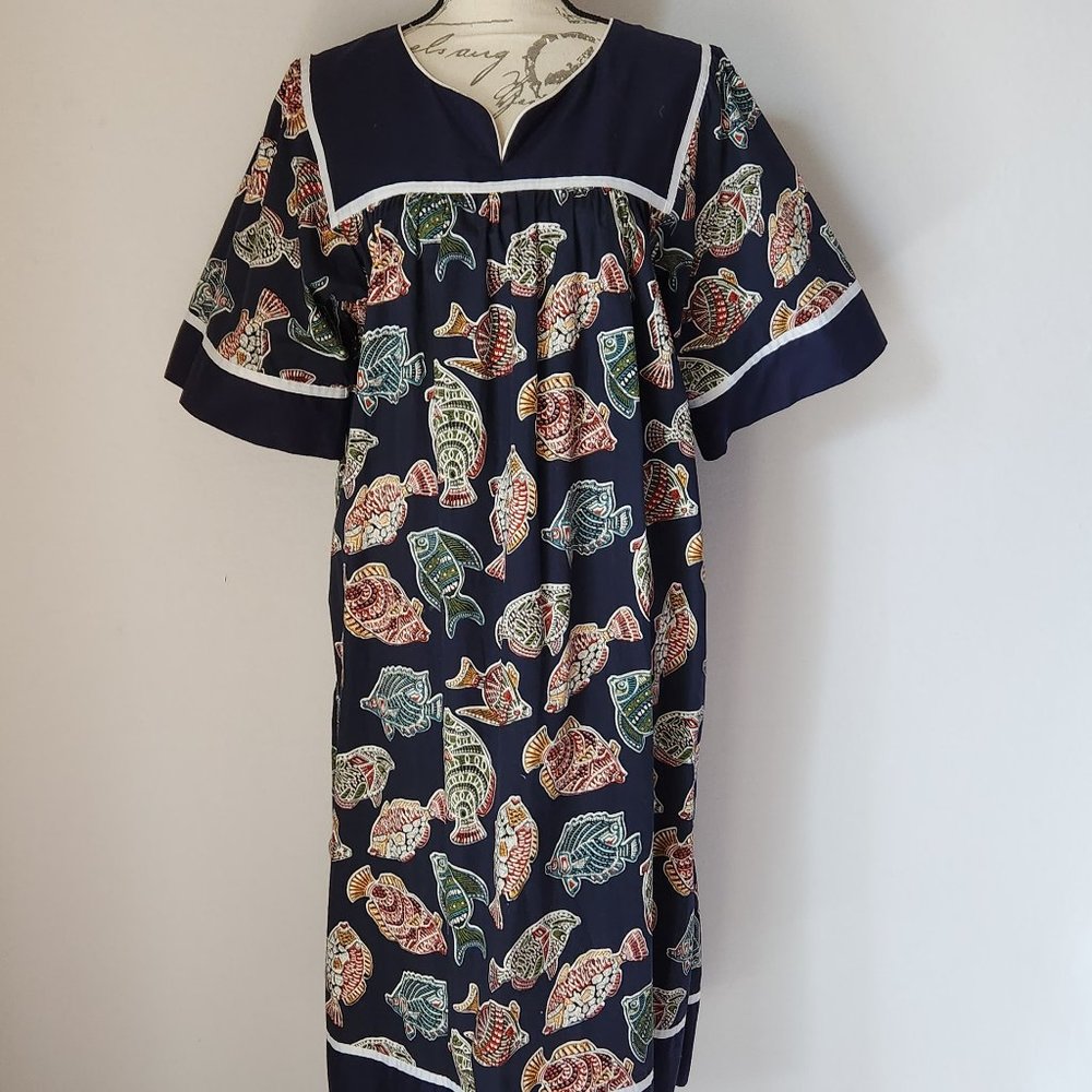 Vintage Krist Gudnason Fish Printed Hawaiian Muumuu House Dress Pocket